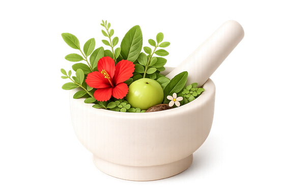 Mortar and pestle with hibiscus, amla, moringa and herbal ingredients — the botanicals behind our founder's Ayurvedic vision