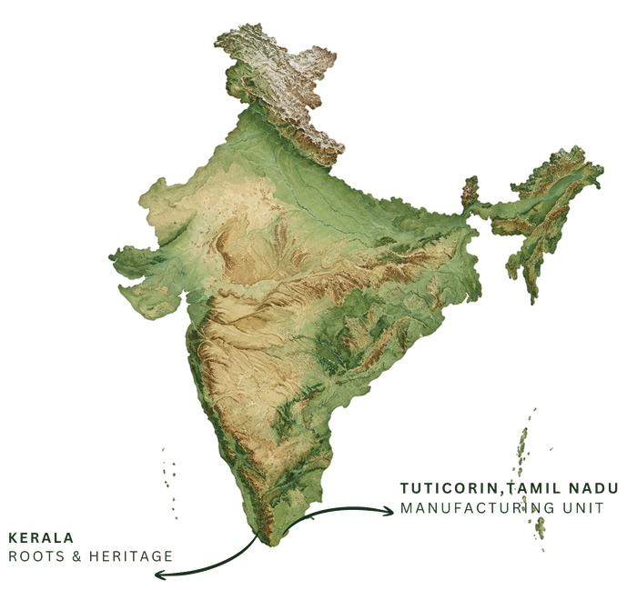 Map of India marking Kerala roots and heritage, and the Tuticorin, Tamil Nadu manufacturing unit