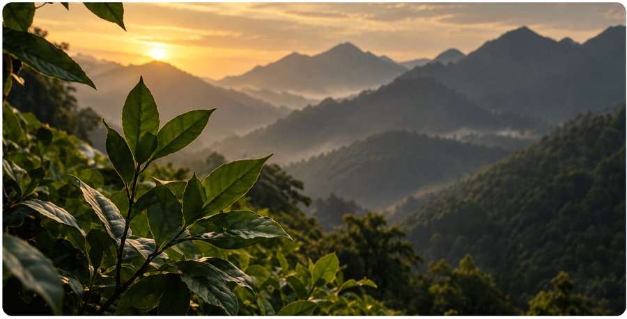Green leaves with misty mountains at sunrise