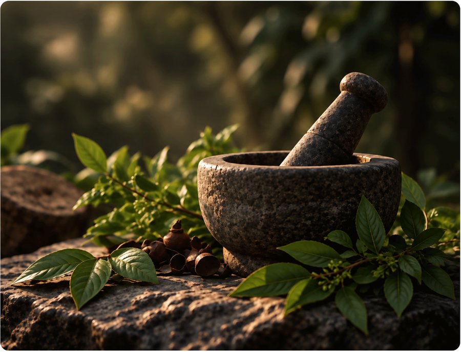 Stone mortar and pestle with fresh herbs at sunset